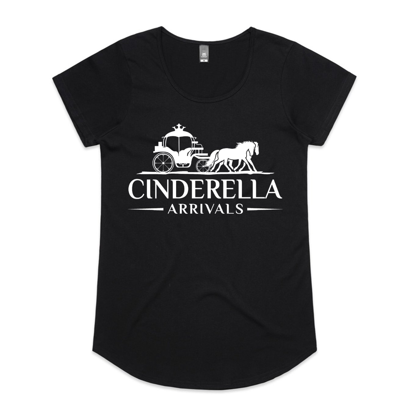 Cinderella Arrivals Women's T- Shirt Black with Large White Screen Printed Logo